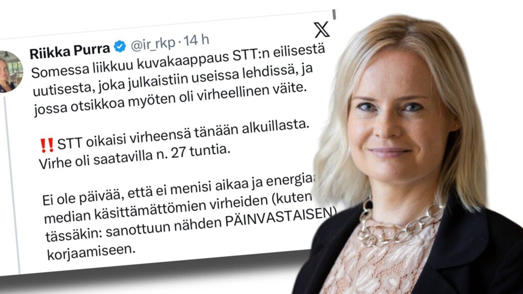 Riikka Purra syyttää mediaa törkeästä virheestä – STT joutui korjaamaan uutisensa